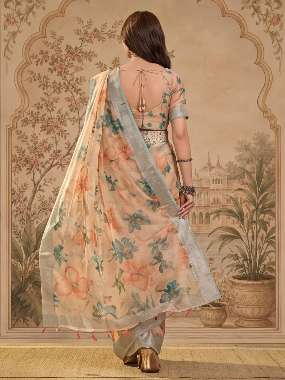 Beige Floral Digital Print Linen Zari Saree with Belt Zari Border Lightweight Festive Saree