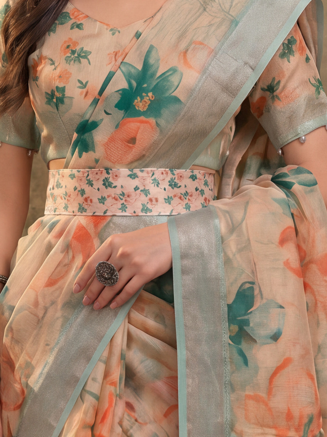 Beige Floral Digital Print Linen Zari Saree with Belt Zari Border Lightweight Festive Saree