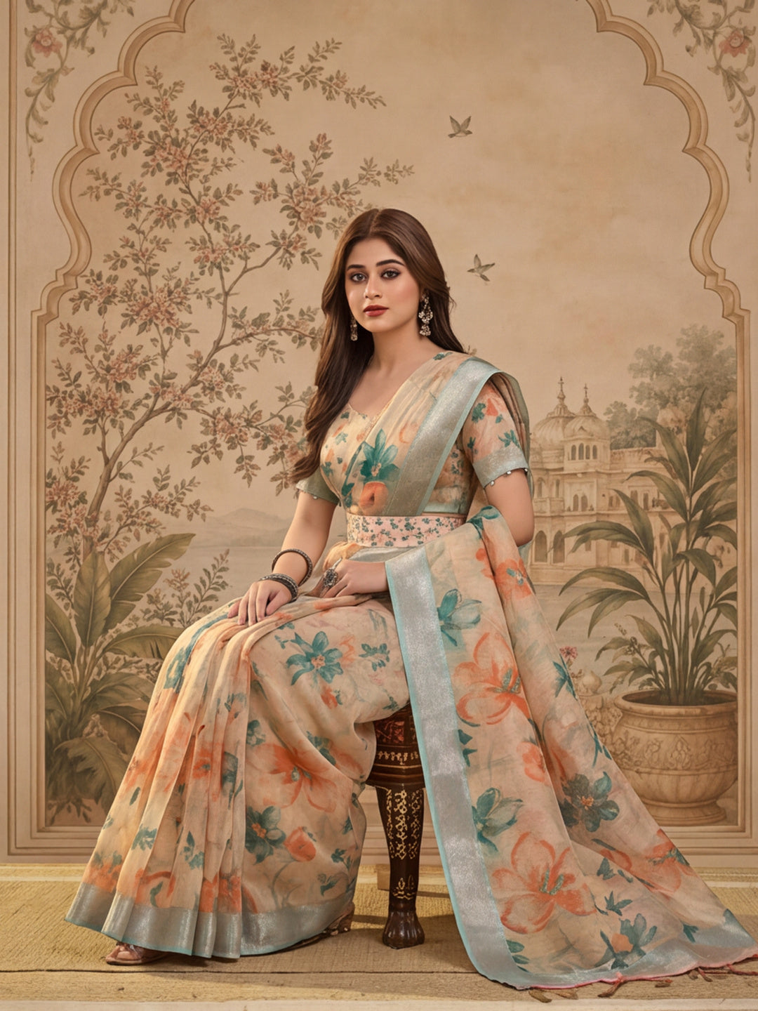 Beige Floral Digital Print Linen Zari Saree with Belt Zari Border Lightweight Festive Saree