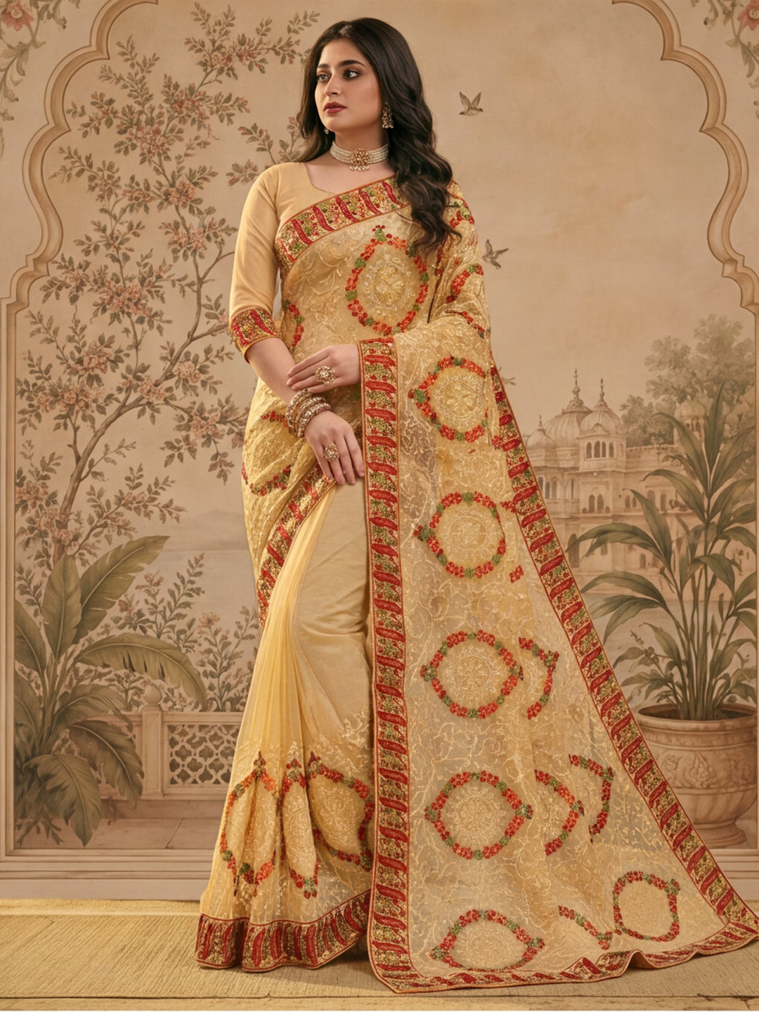 Jaipur Kurti Women'S Beautifull Embroderied Work Chiku Saree