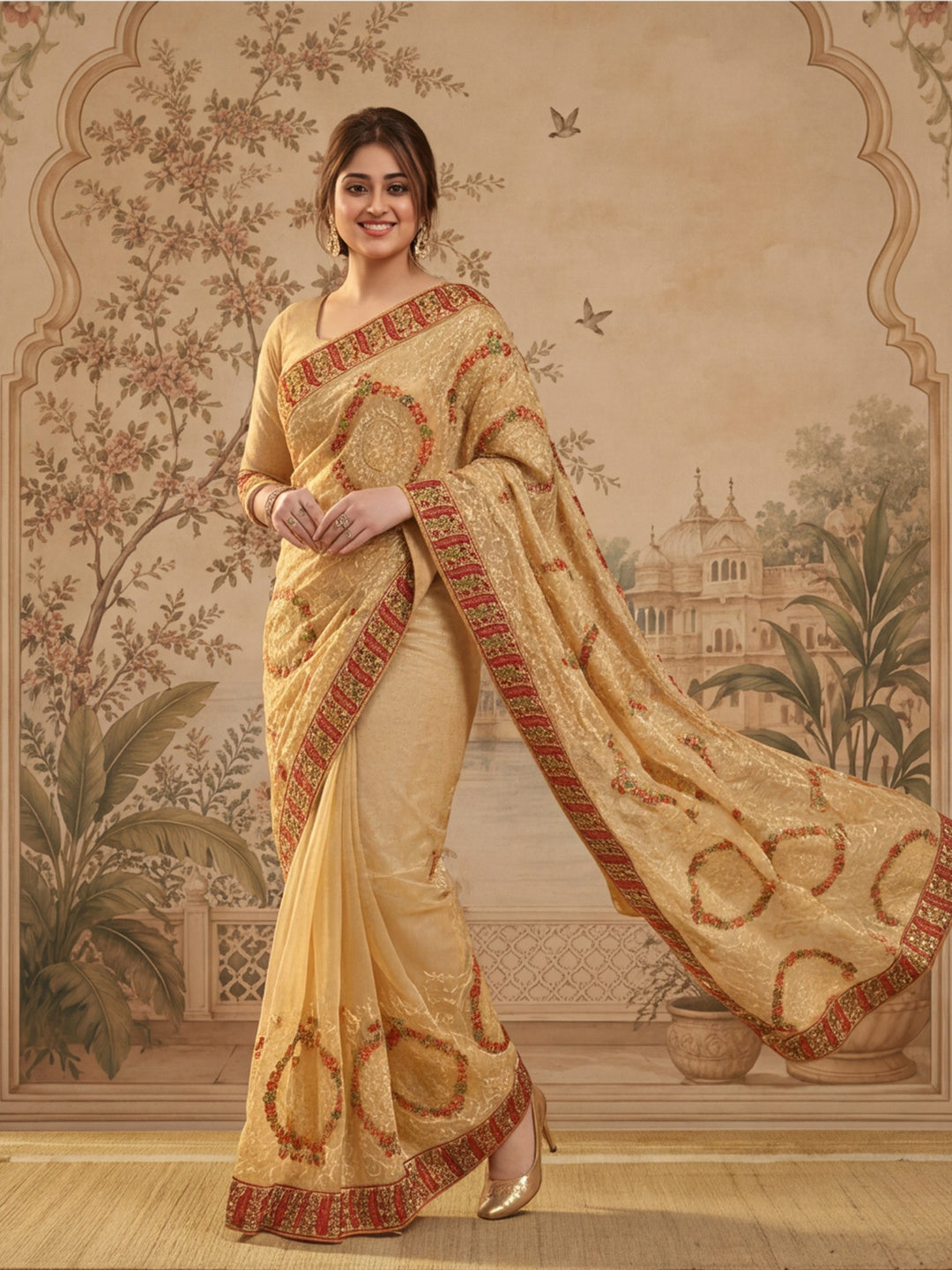 Jaipur Kurti Women'S Beautifull Embroderied Work Chiku Saree