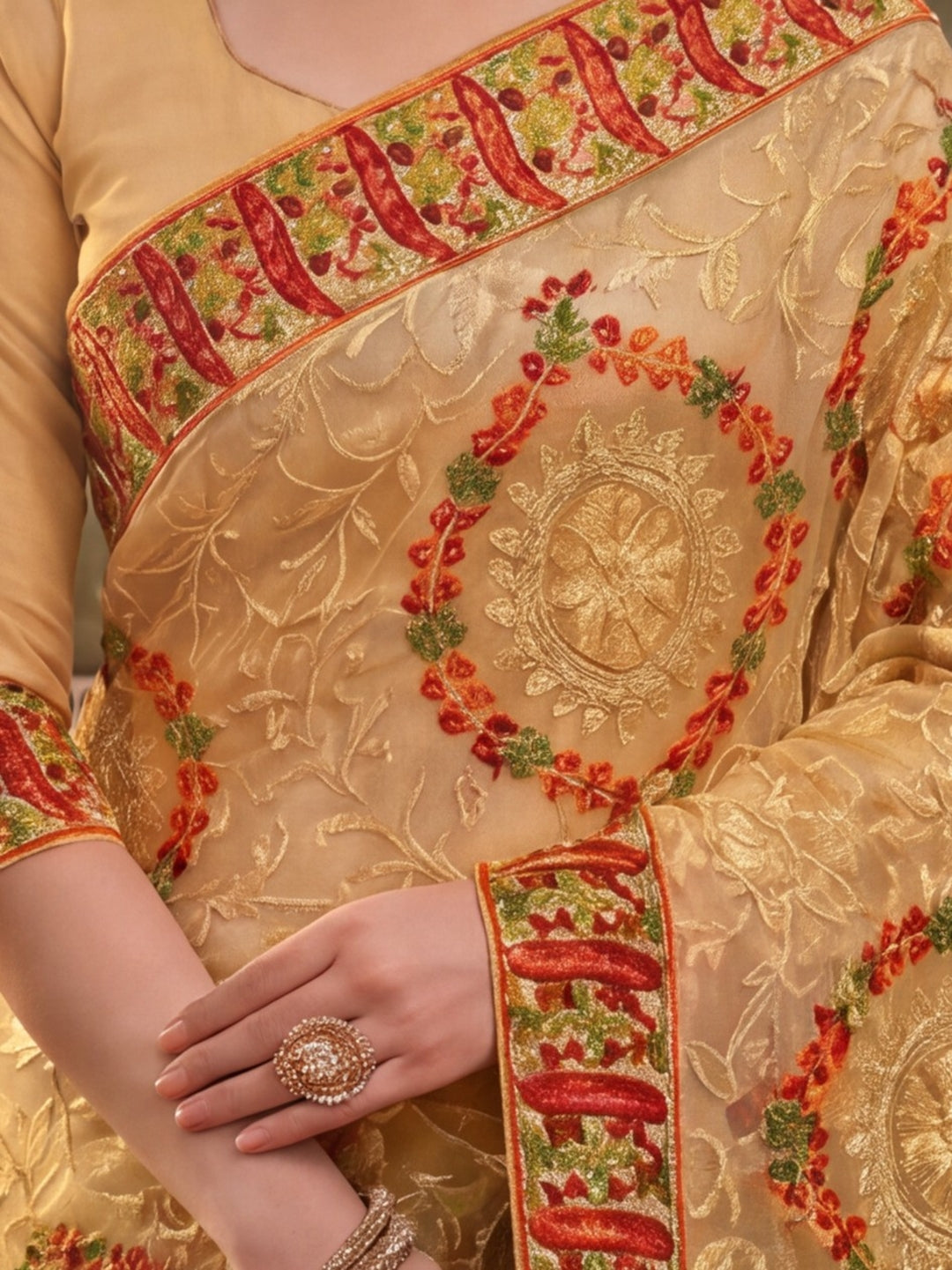 Jaipur Kurti Women'S Beautifull Embroderied Work Chiku Saree