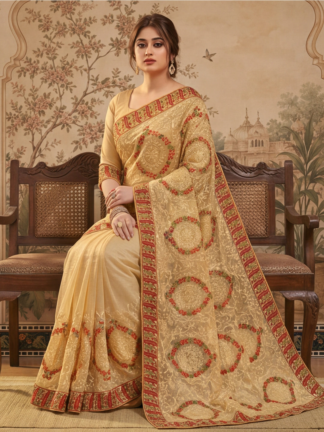 Jaipur Kurti Women'S Beautifull Embroderied Work Chiku Saree