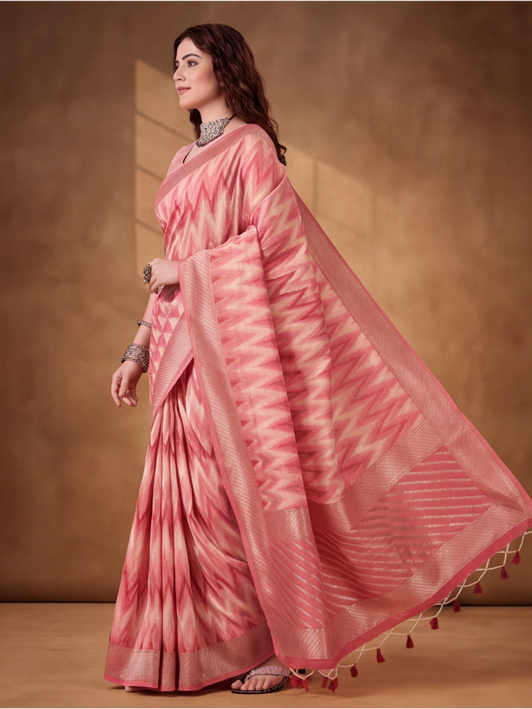 Pink Heavy Cotton Silk Saree with Beautiful Ethnic Woven Design – By Jaipur Kurti