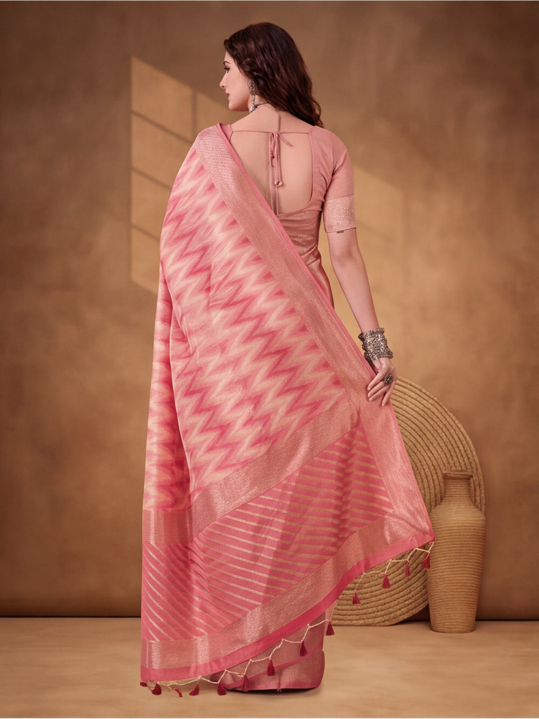 Pink Heavy Cotton Silk Saree with Beautiful Ethnic Woven Design – By Jaipur Kurti
