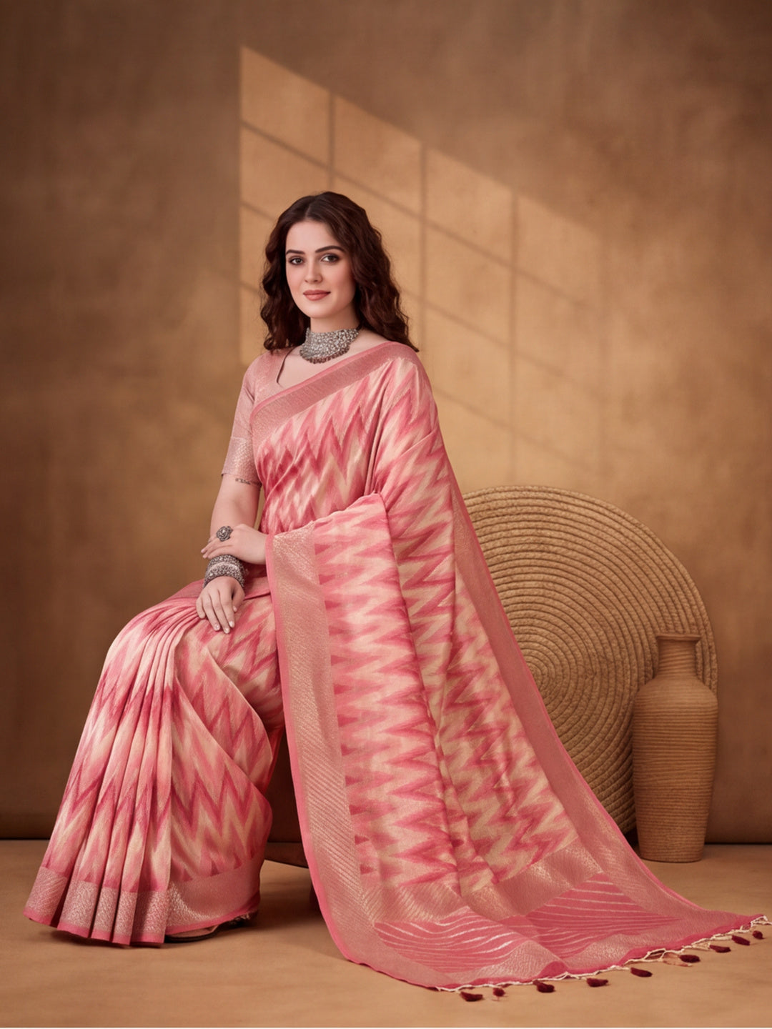 Pink Heavy Cotton Silk Saree with Beautiful Ethnic Woven Design – By Jaipur Kurti