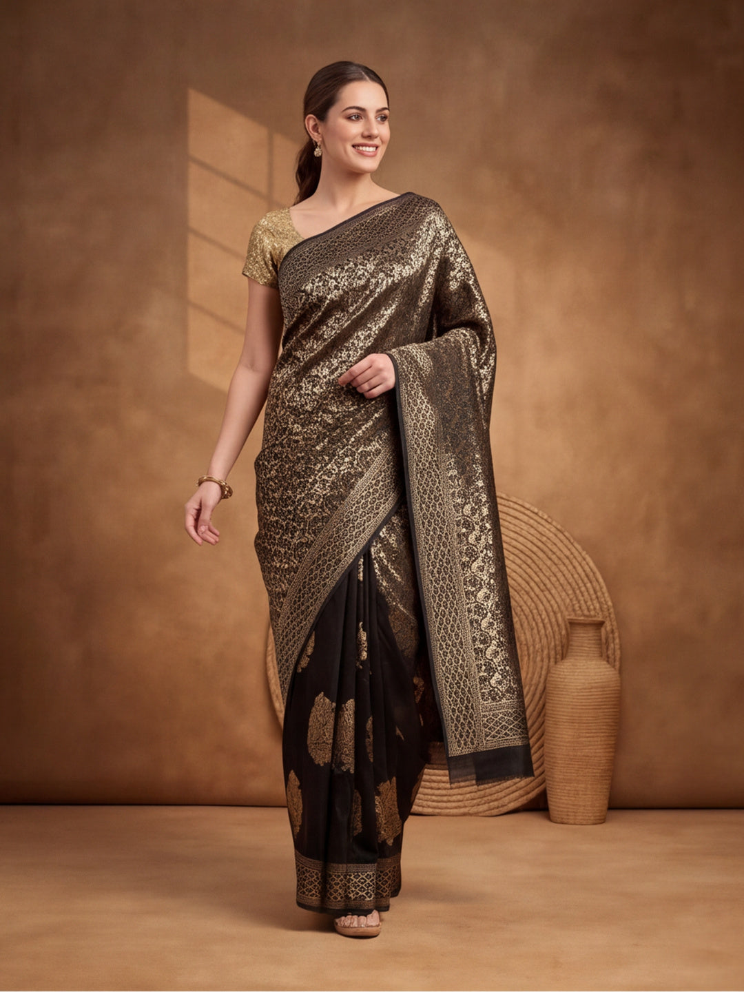 Jaipur Kurti Women'S Designer Weaving Work Black Saree