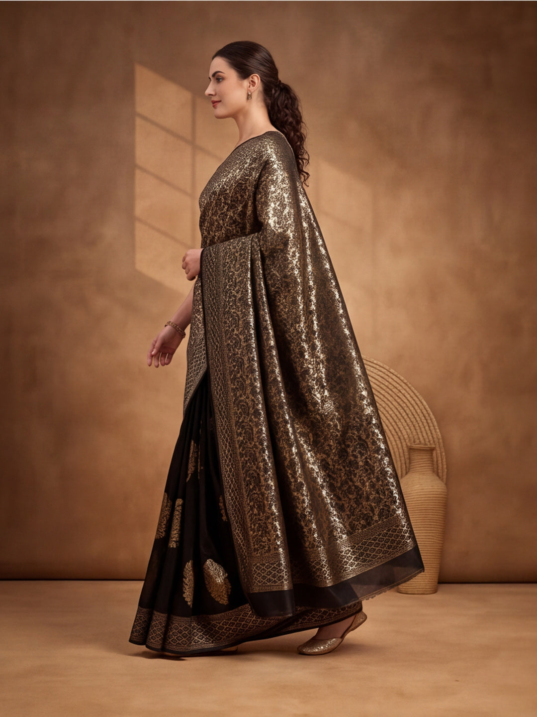 Jaipur Kurti Women'S Designer Weaving Work Black Saree