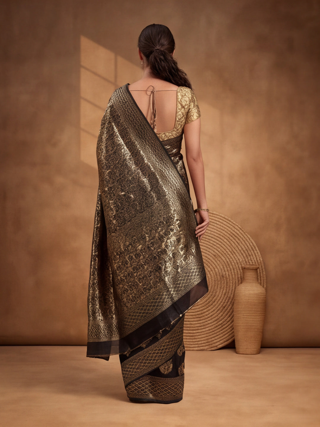 Jaipur Kurti Women'S Designer Weaving Work Black Saree
