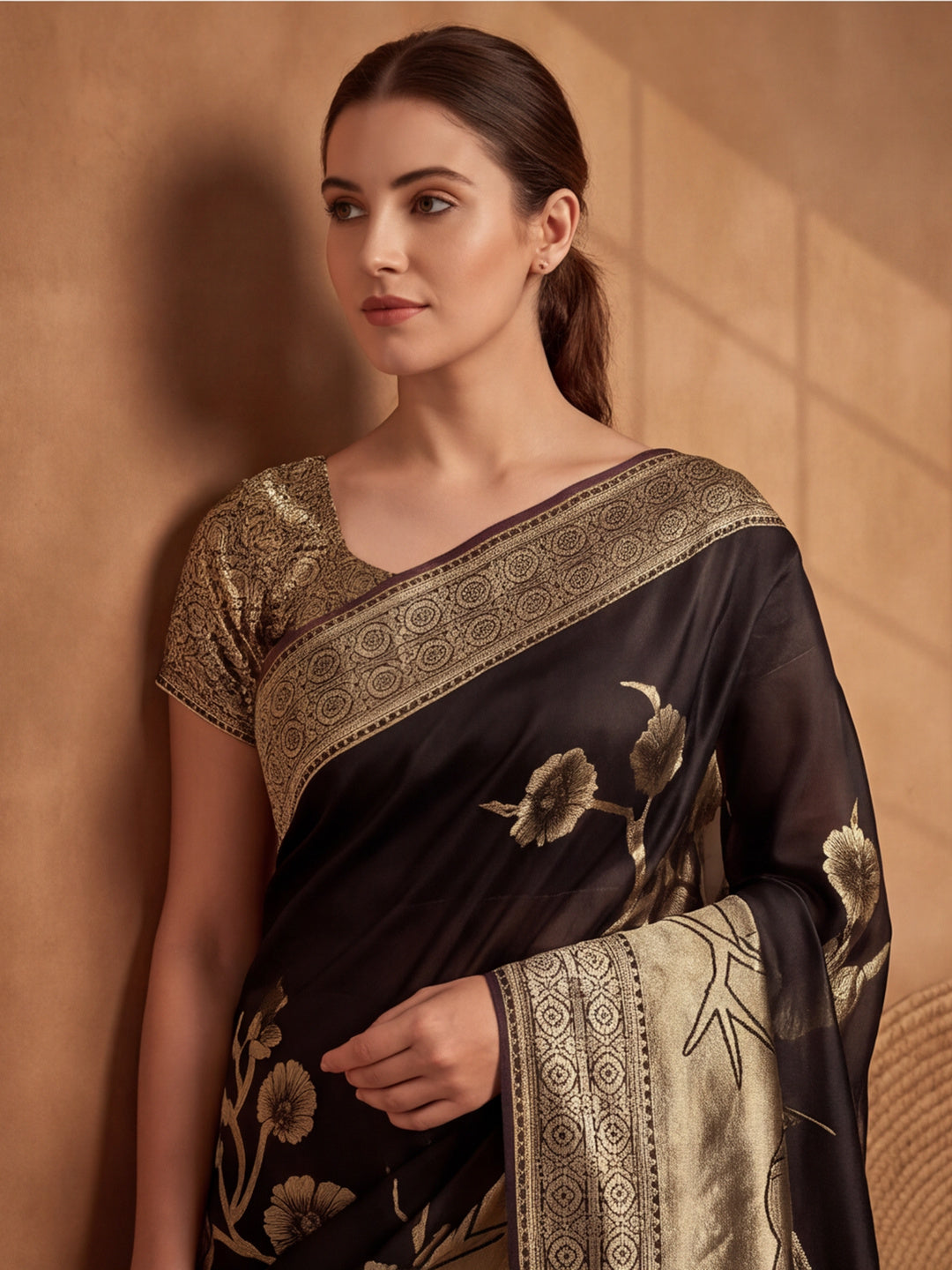 Jaipur Kurti Women'S Designer Weaving Work Black Saree