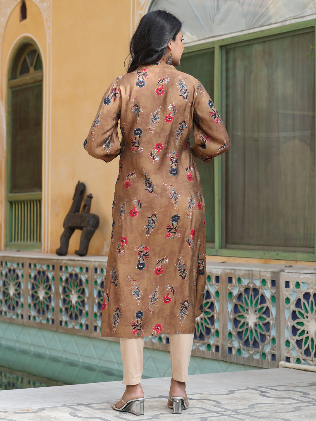 Camel Brown Gold Print Chanderi Straight Kurta