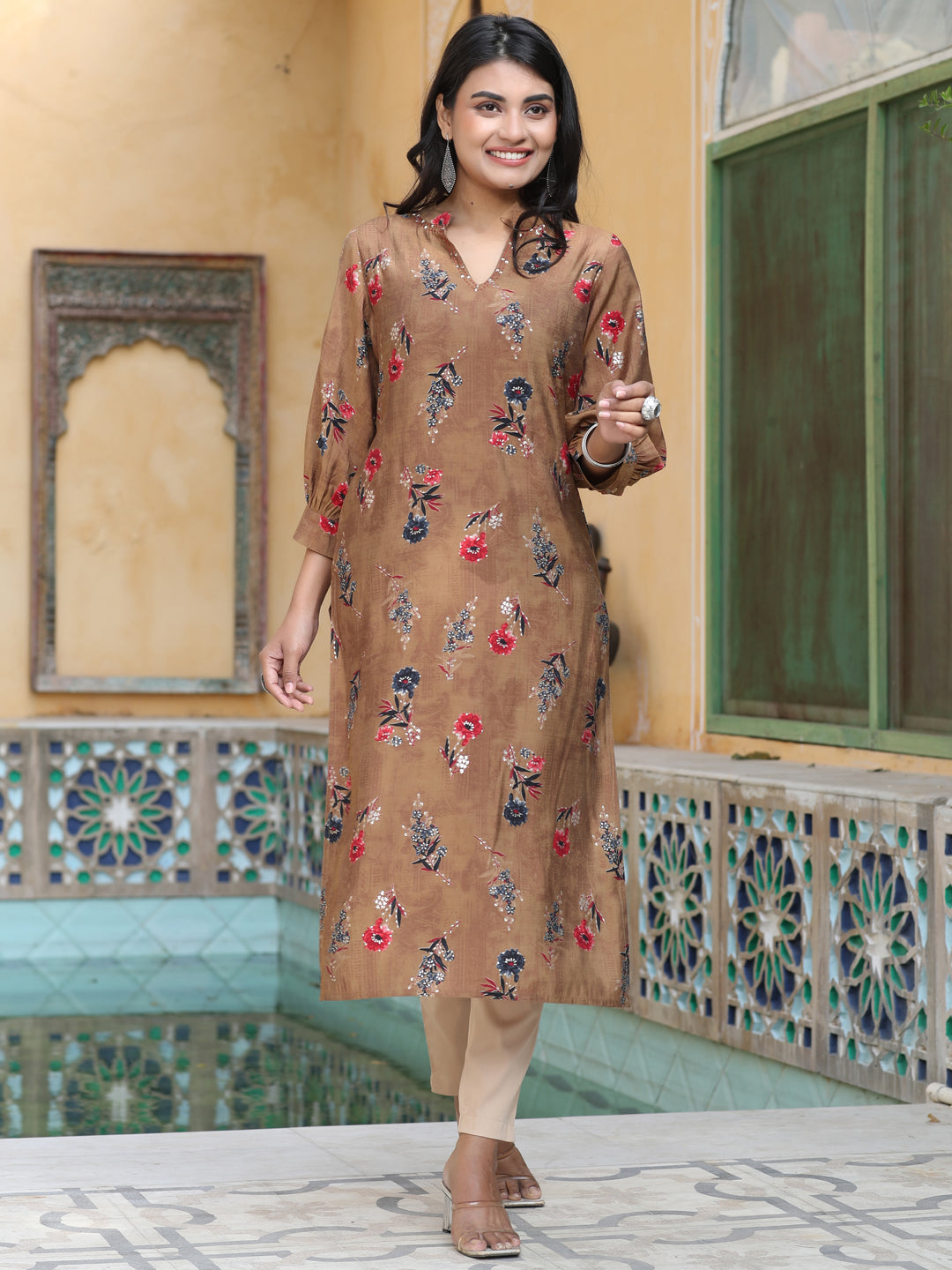 Camel Brown Gold Print Chanderi Straight Kurta