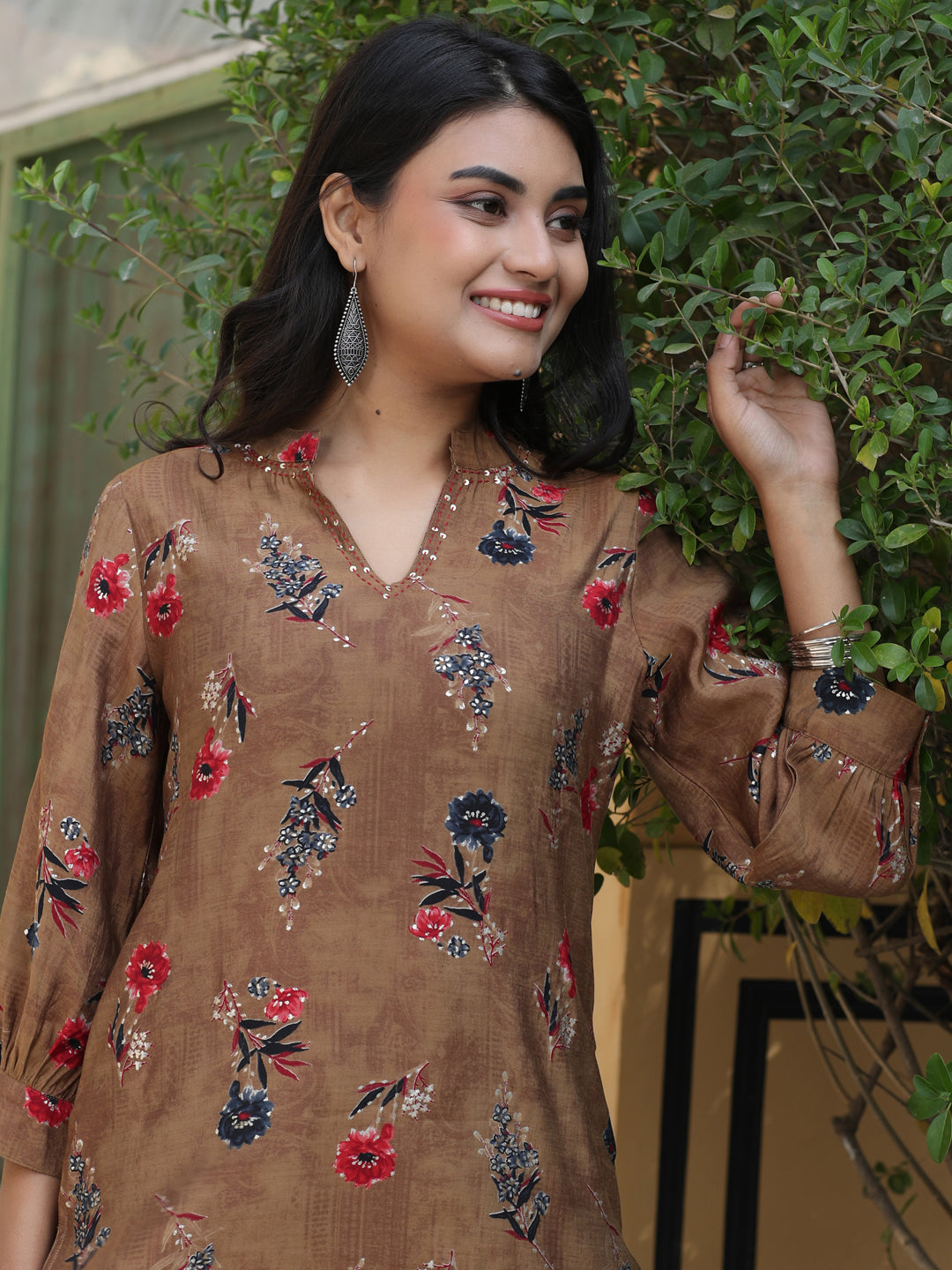 Camel Brown Gold Print Chanderi Straight Kurta