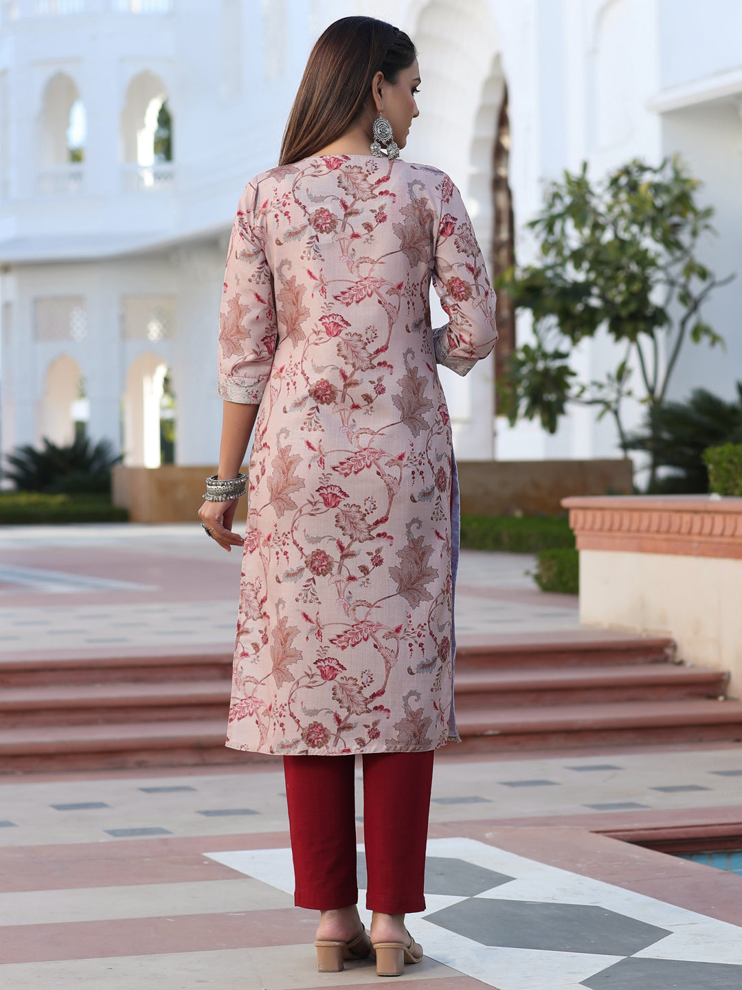 Beige Floral Digital Print Slub Kurta With Sequence Embelished In Yoke And Sleeves