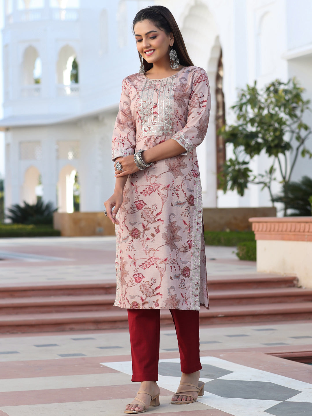 Beige Floral Digital Print Slub Kurta With Sequence Embelished In Yoke And Sleeves