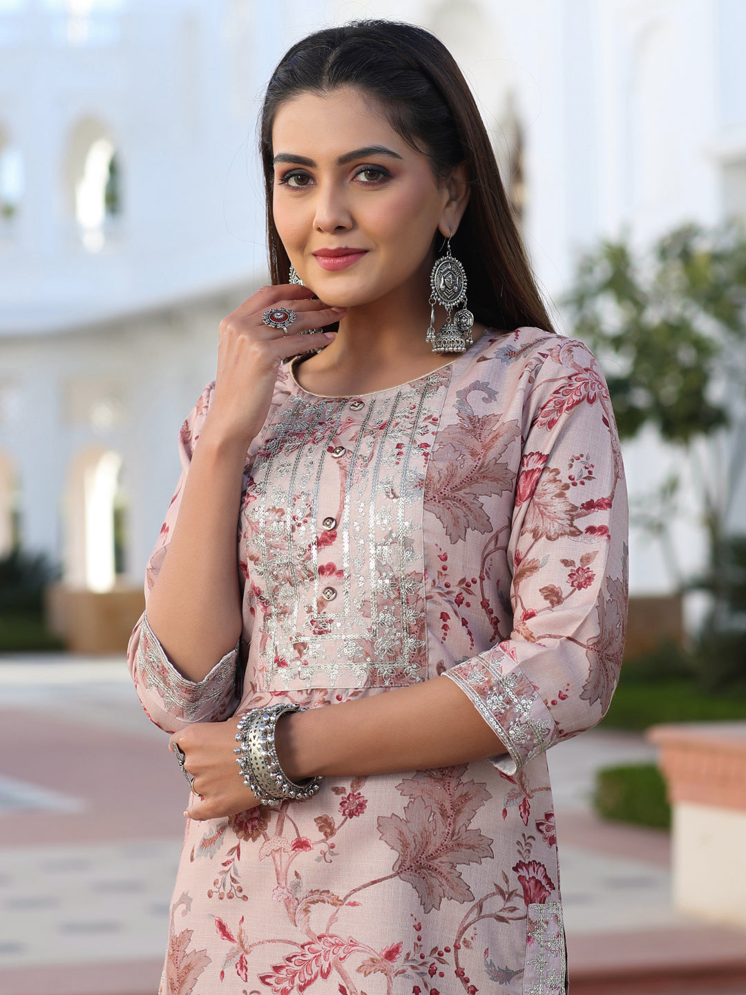 Beige Floral Digital Print Slub Kurta With Sequence Embelished In Yoke And Sleeves