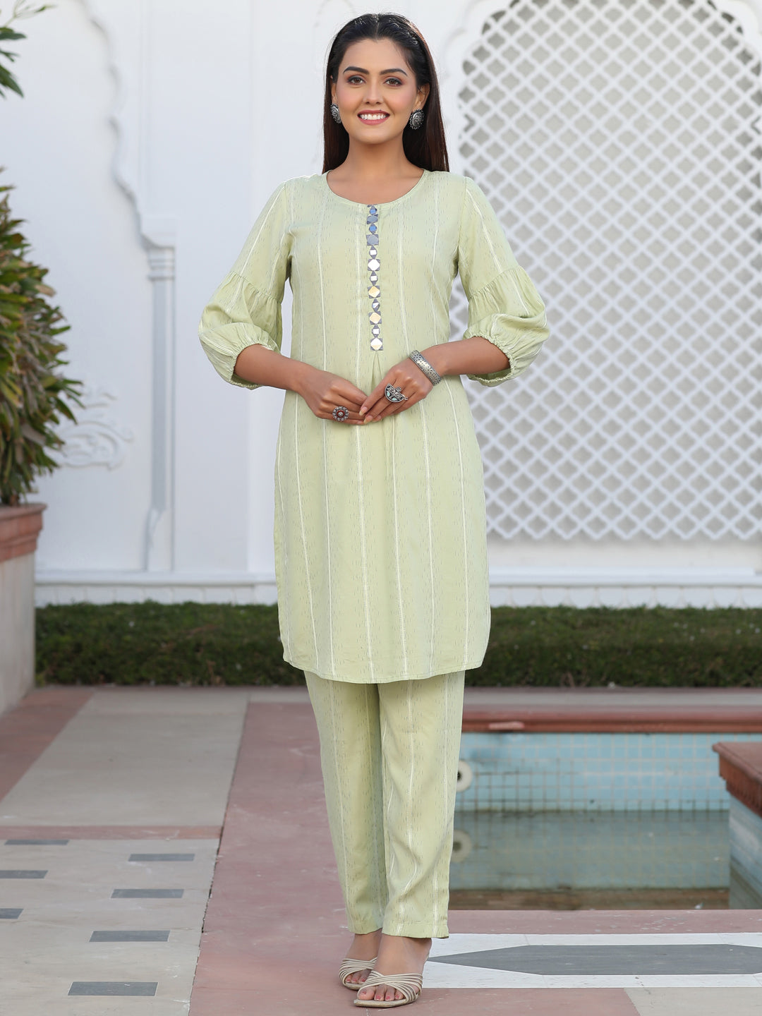 A Green Self Weave Rayon Co-Ord Set With Embroidered Kurta And Pants