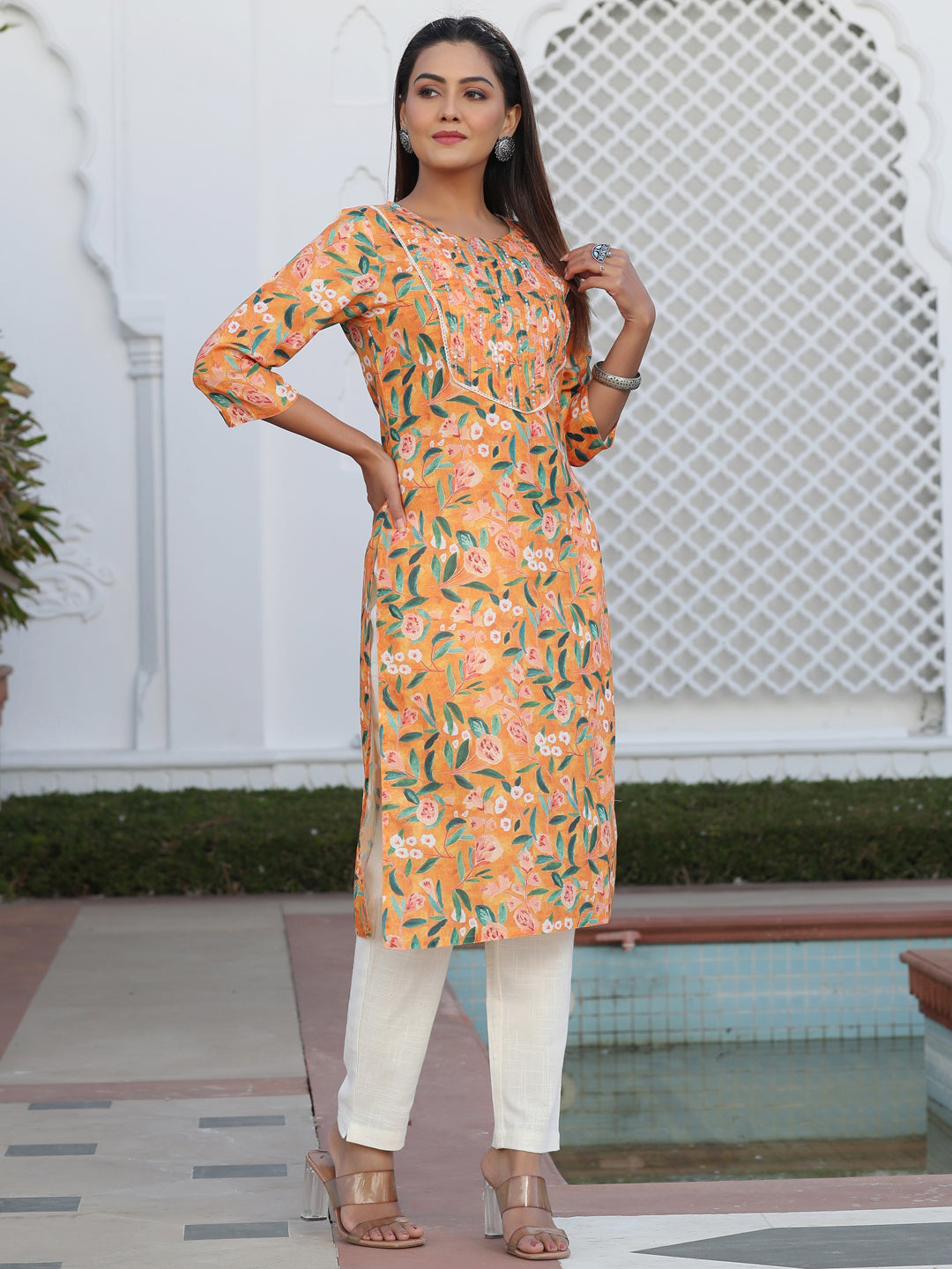 Orange Floral Digital Print Slub Kurta With Pintuck And Sequence Embellished In Yoke And Lace Detailing