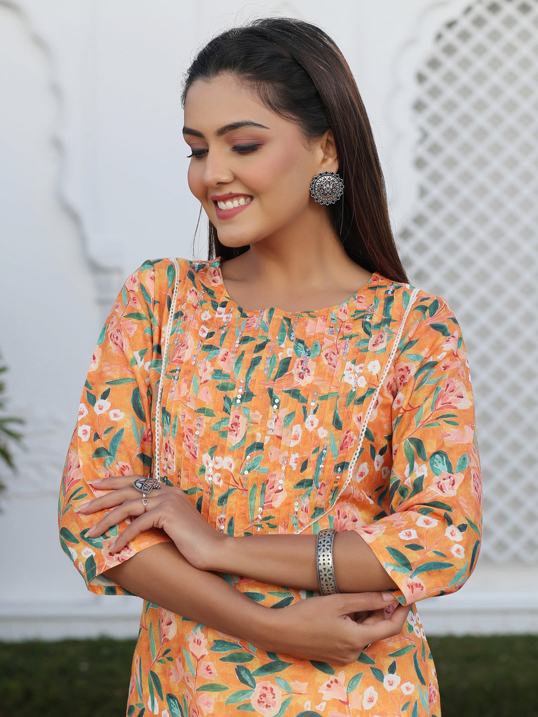 Orange Floral Digital Print Slub Kurta With Pintuck And Sequence Embellished In Yoke And Lace Detailing