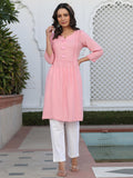 Pink Self Weave Pleated, Laced-Up And Gathered Short Kurta With Tassels