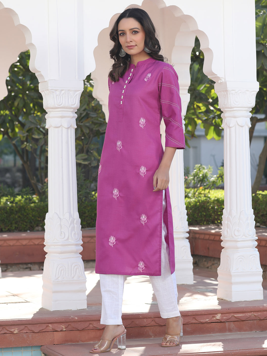 Pink Poly Rayon Embroidered Straight Kurta