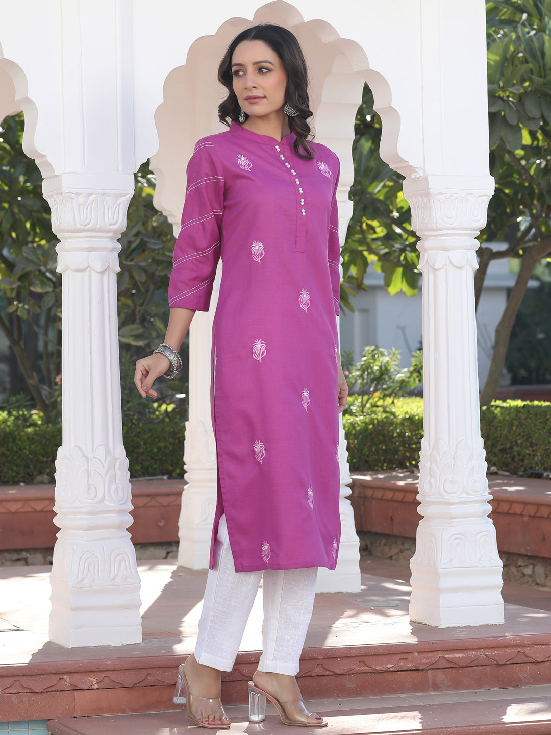 Pink Poly Rayon Embroidered Straight Kurta