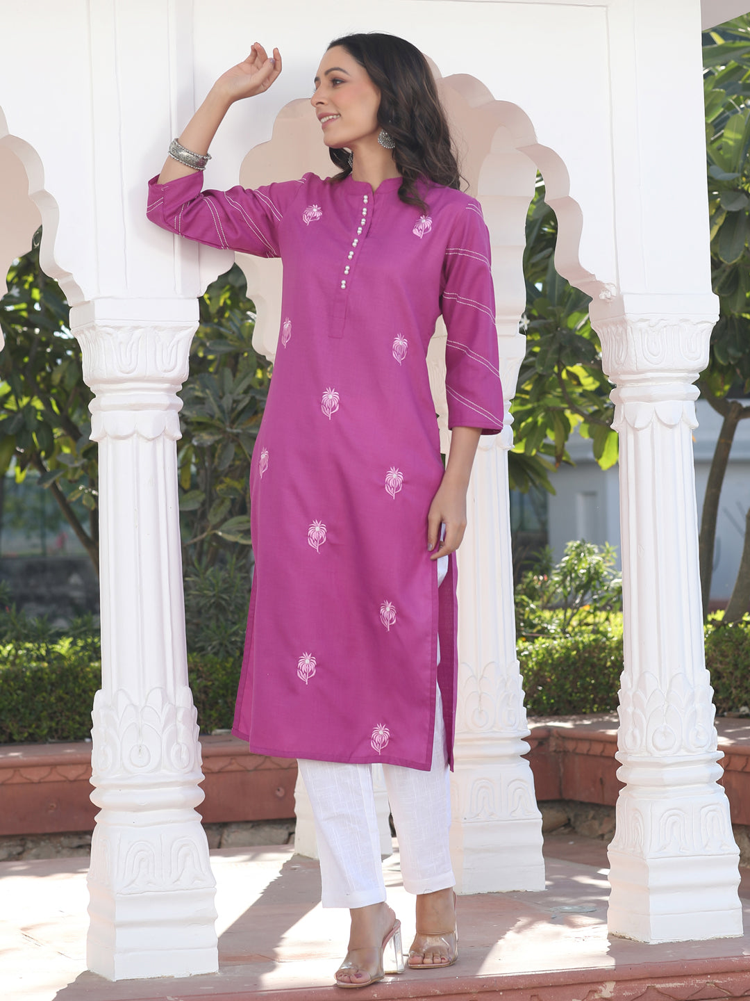 Pink Poly Rayon Embroidered Straight Kurta