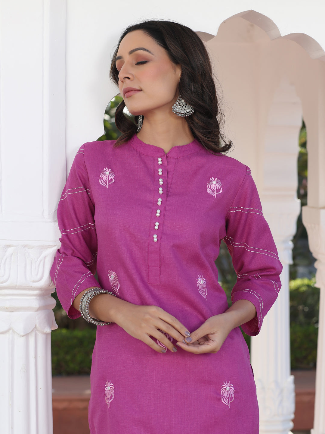 Pink Poly Rayon Embroidered Straight Kurta