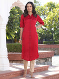 Red Silk Fabric Embellished Shirt With Roll-Up Elbow Sleeves