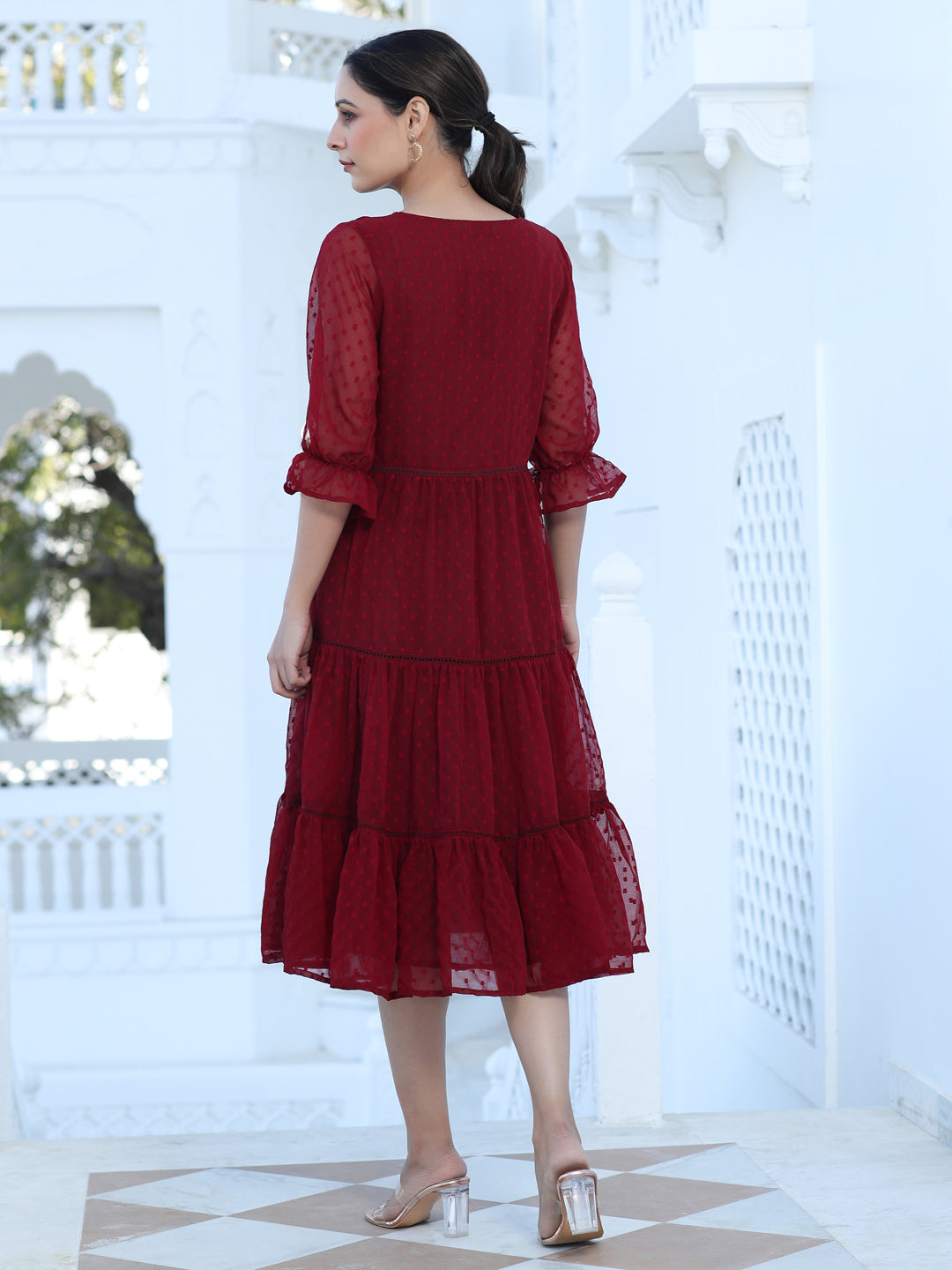 Maroon Color Polka Self Weave Georgette Tiered Lace Inserted Dress