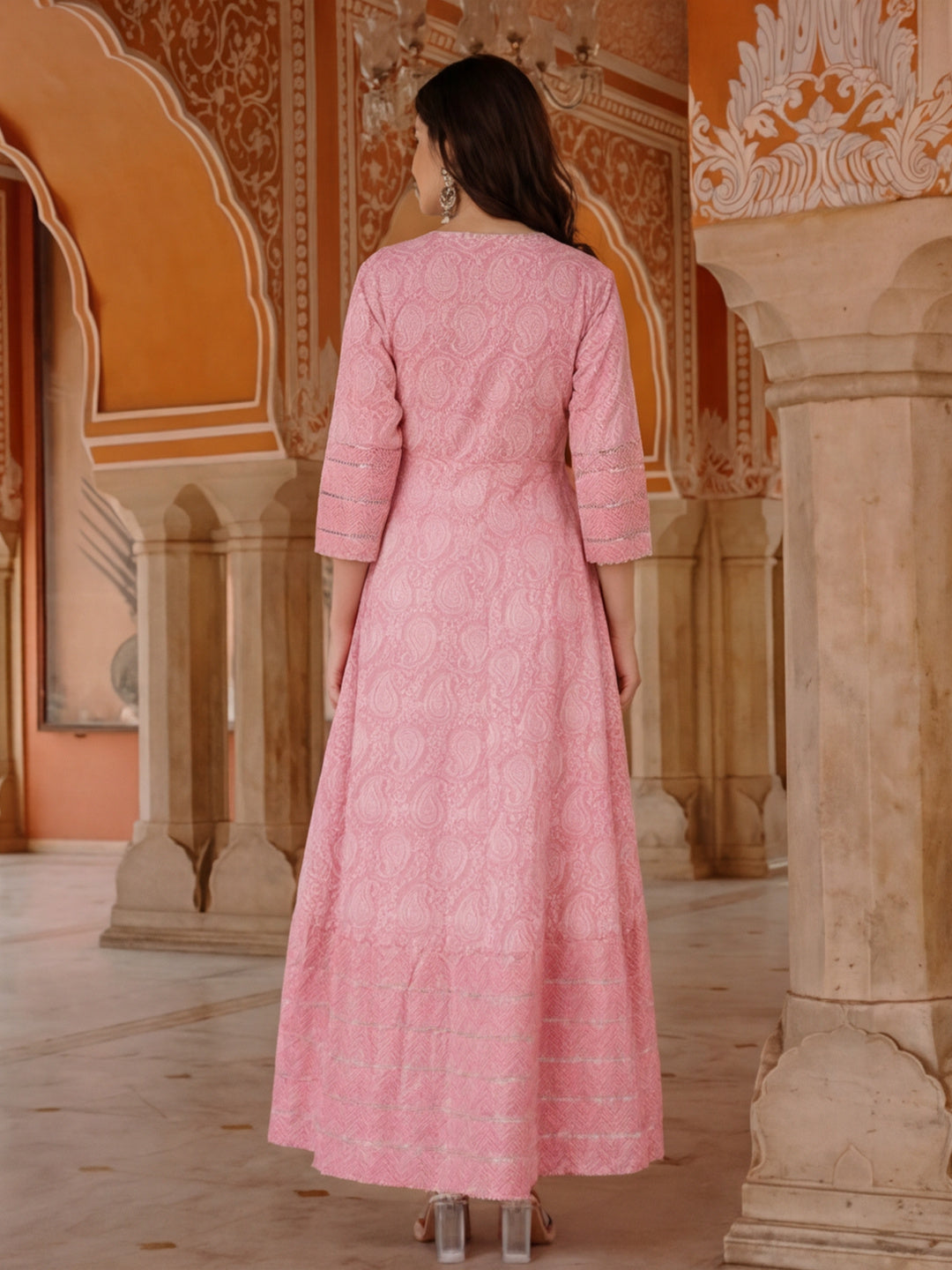 Women Pink Ethnic Printed Angrakha Style Kurta With Lace Detailing