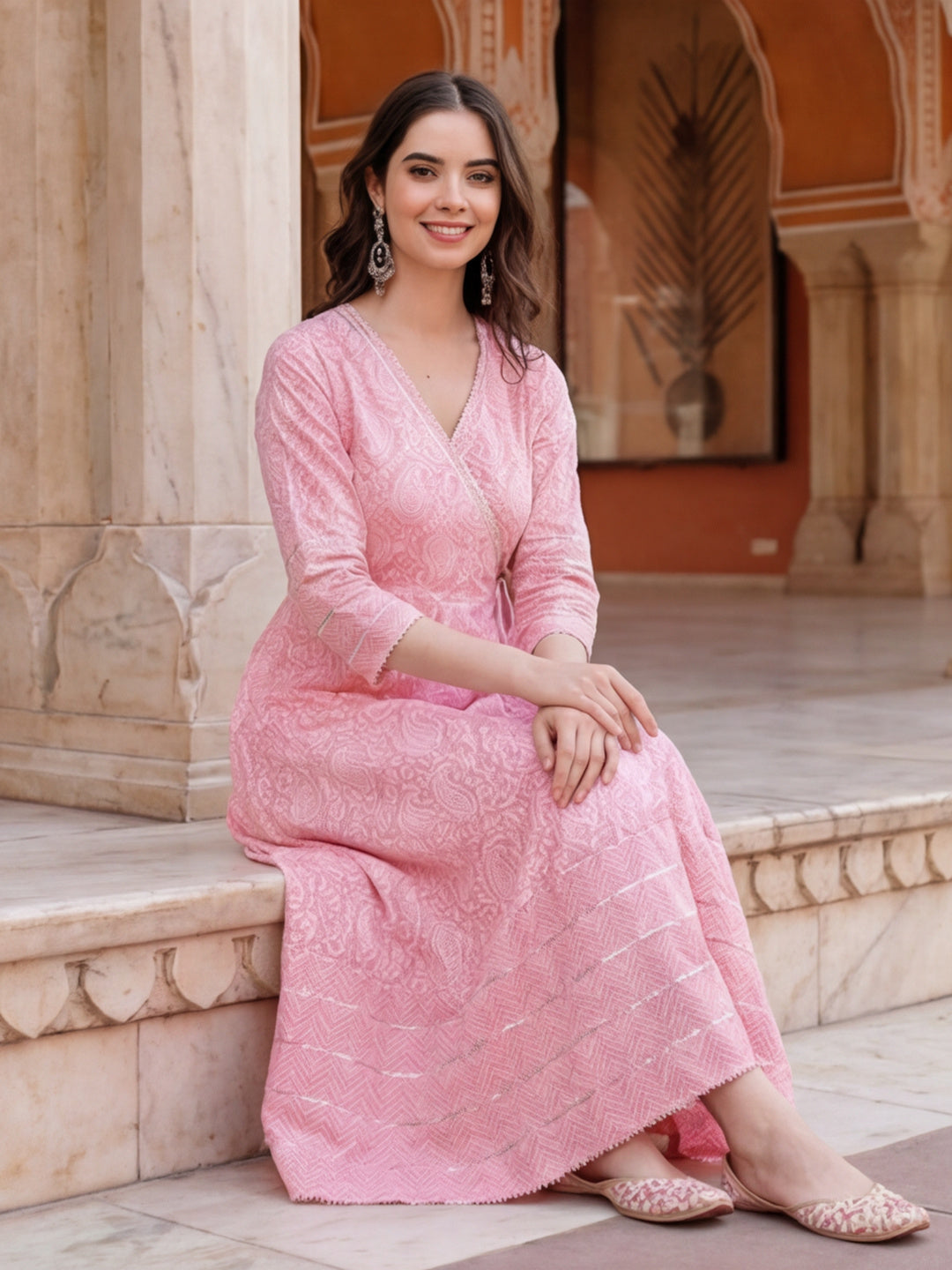 Women Pink Ethnic Printed Angrakha Style Kurta With Lace Detailing