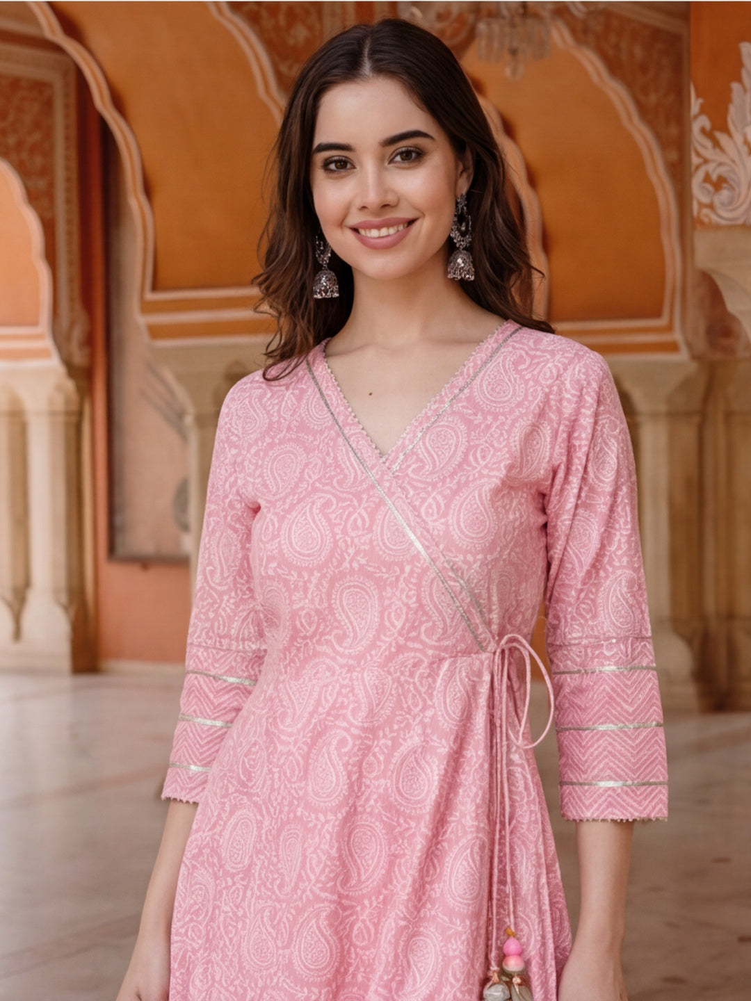 Women Pink Ethnic Printed Angrakha Style Kurta With Lace Detailing