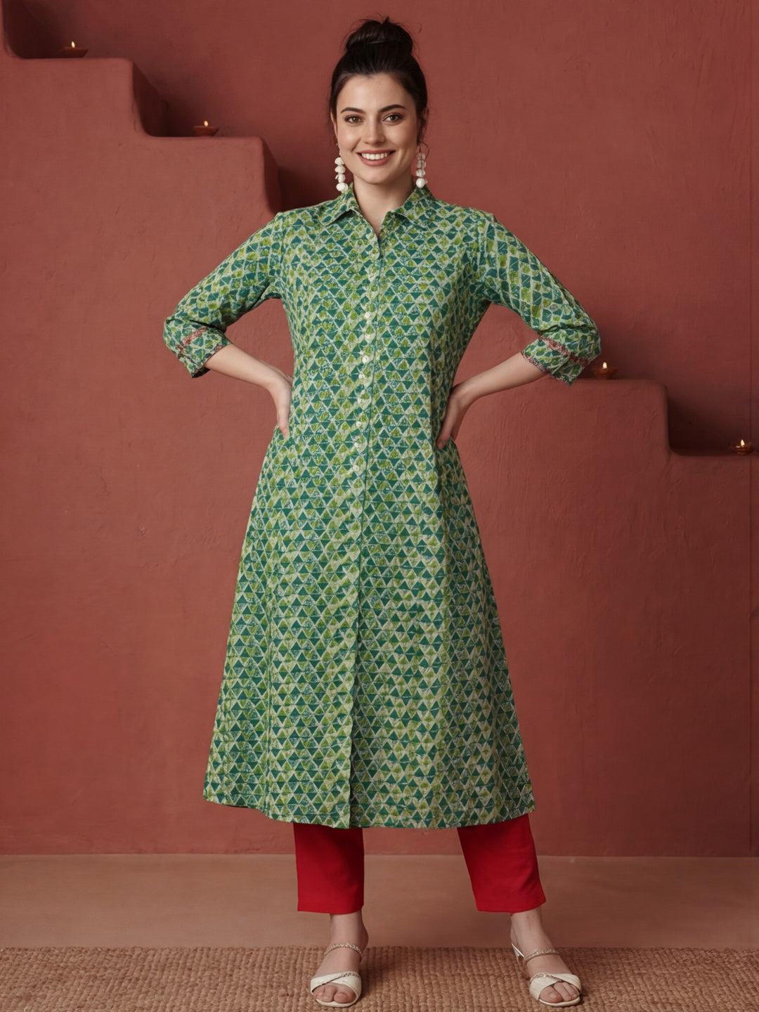 Green Geometric Printed Princess Cut Kurta