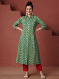 Green Geometric Printed Princess Cut Kurta