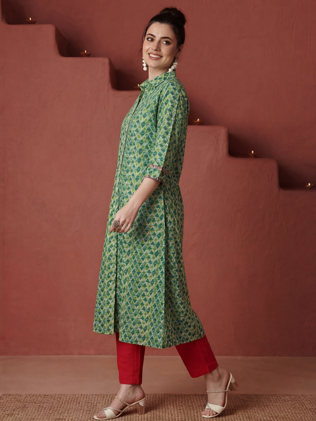 Green Geometric Printed Princess Cut Kurta