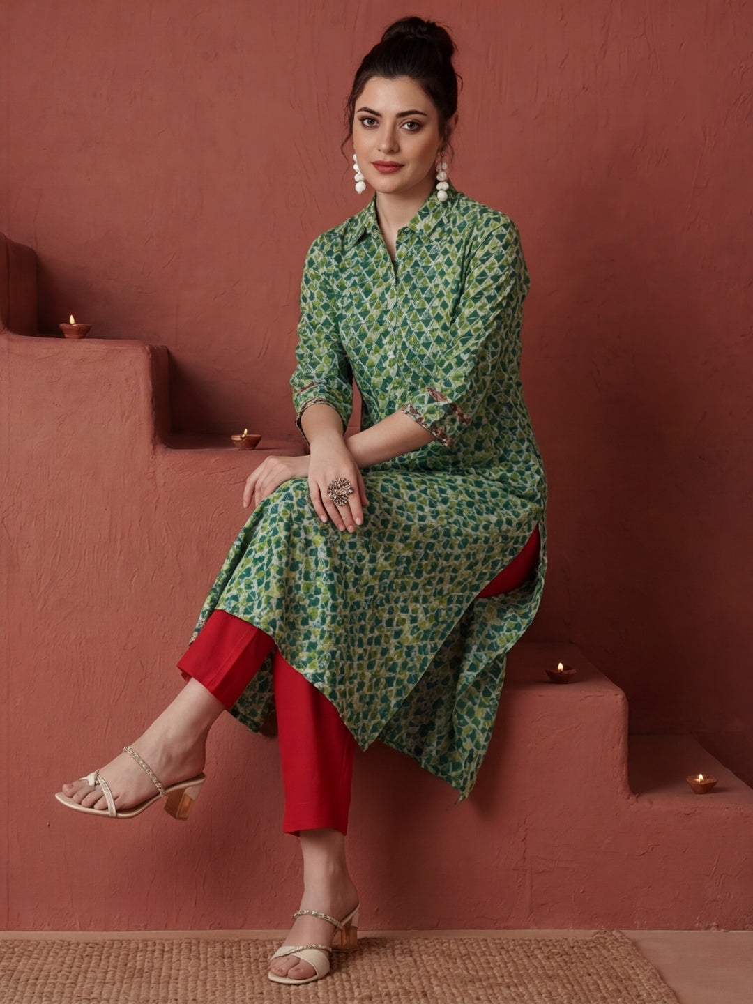 Green Geometric Printed Princess Cut Kurta