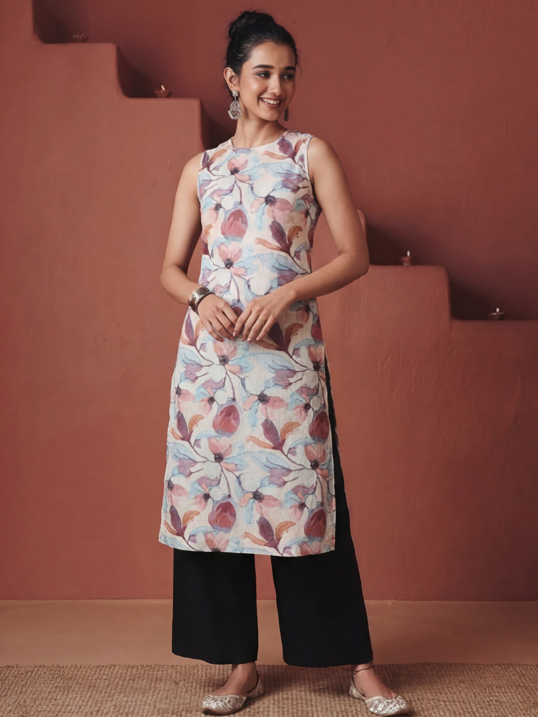 Brown Floral Printed Sleeveless Kurta