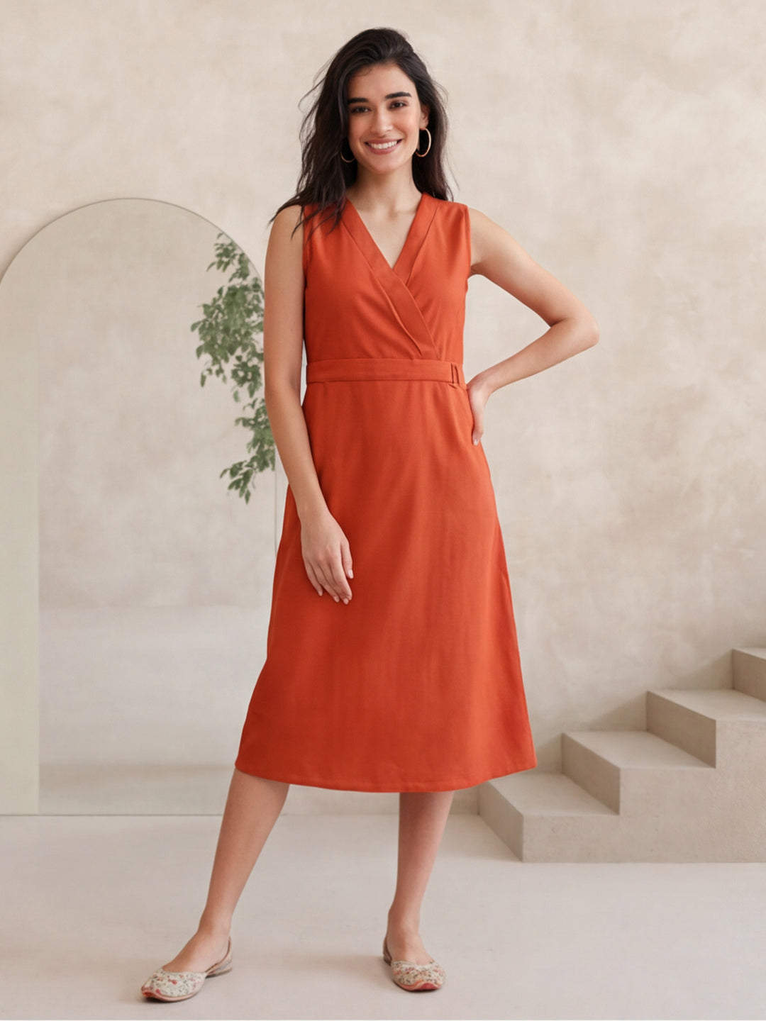 Rust Straight Fit Dress With Belt Detail