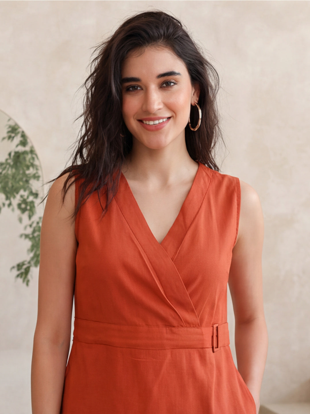 Rust Straight Fit Dress With Belt Detail