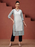 White And Blue Ethnic Printed Straight Kurta