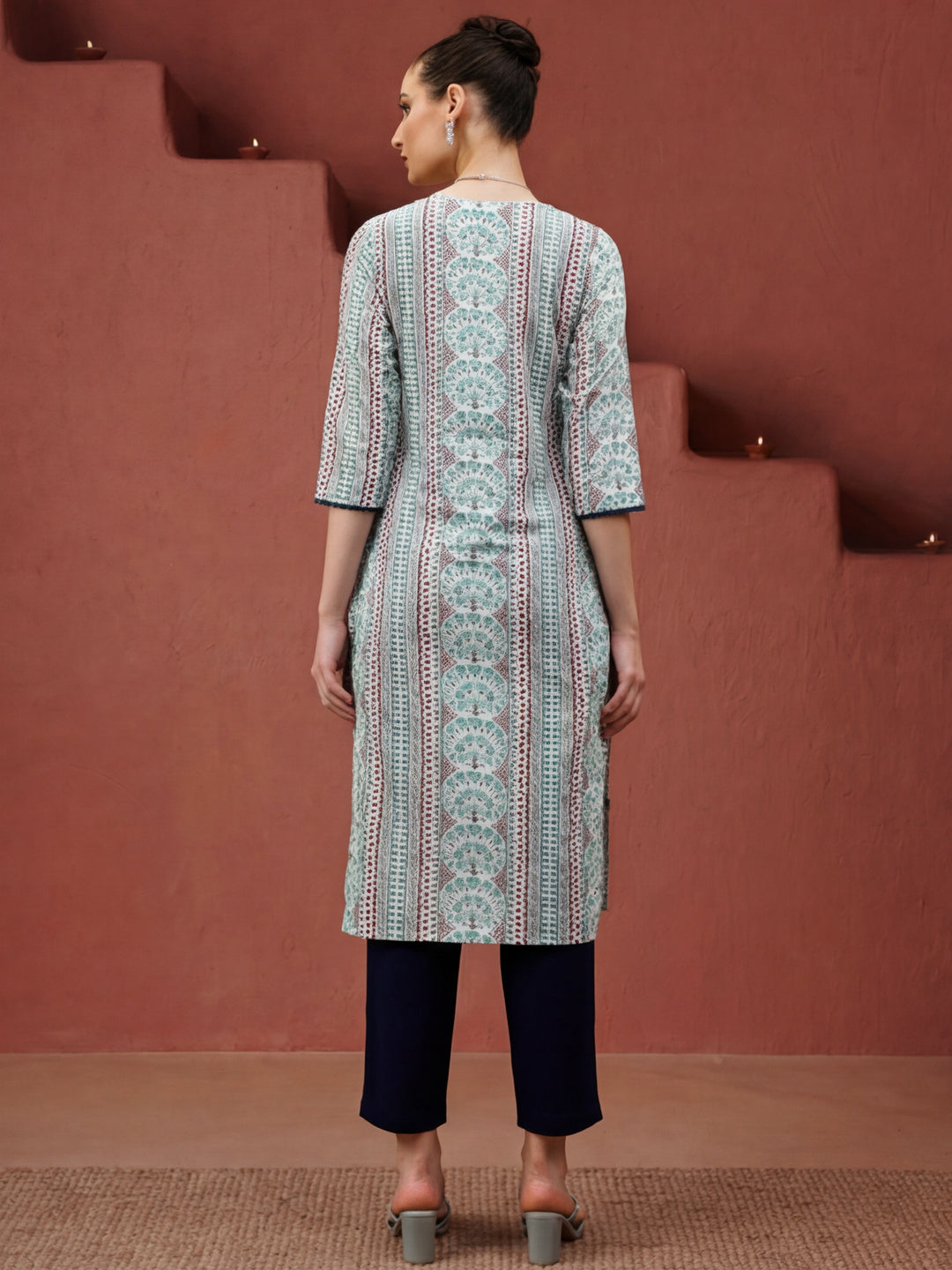 White And Blue Ethnic Printed Straight Kurta