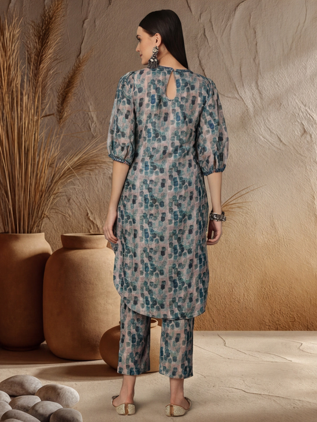 Blue Abstract Printed Mirror Work Co-ord Set