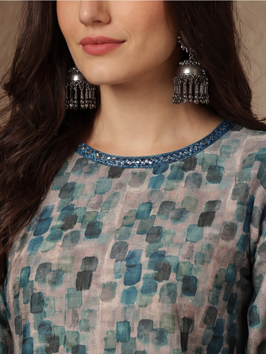 Blue Abstract Printed Mirror Work Co-ord Set