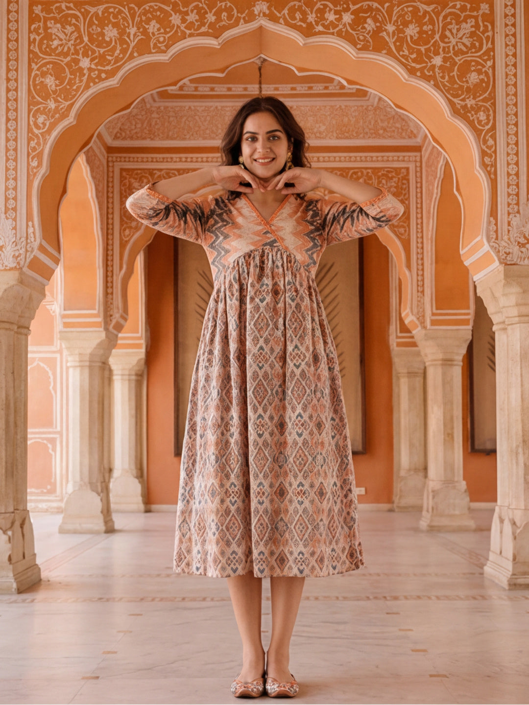 Geometric Printed Gathered Dress
