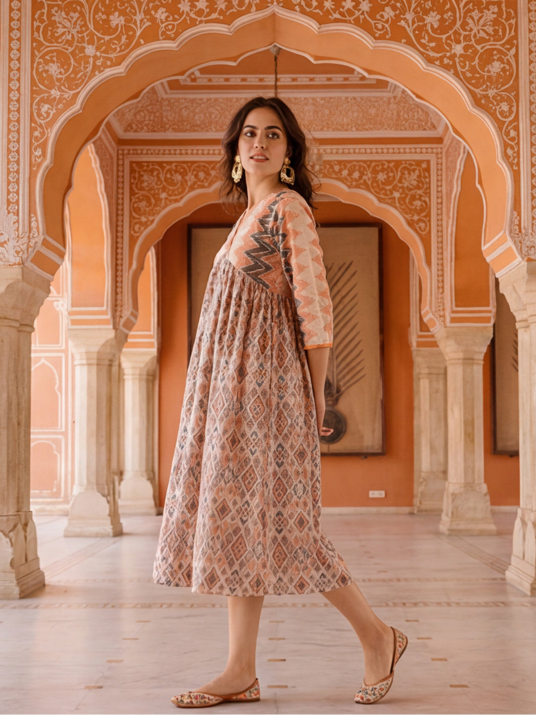 Geometric Printed Gathered Dress