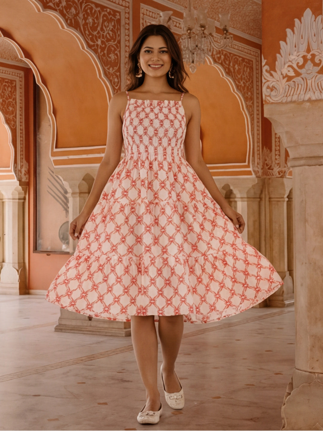 Orange Ikat Printed Tiered Cotton Strappy Dress