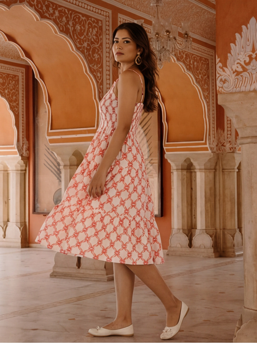 Orange Ikat Printed Tiered Cotton Strappy Dress