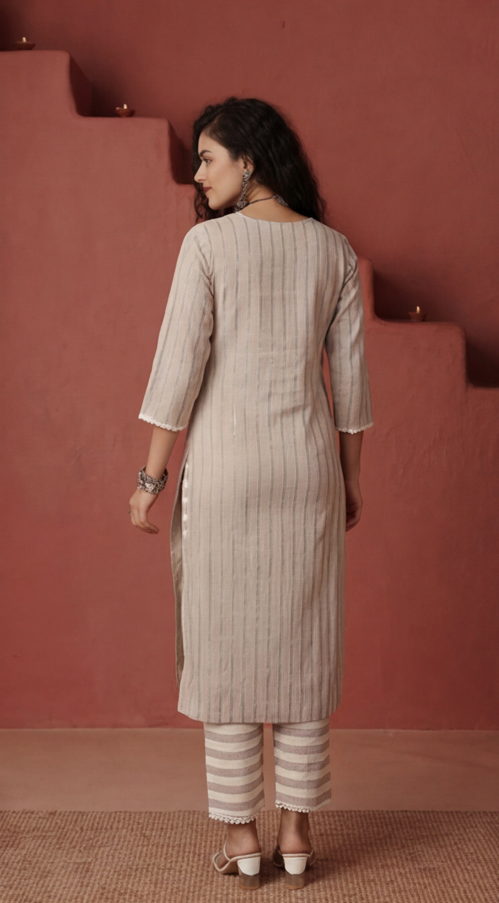 Cotton Lurex Stripes Kurta Set