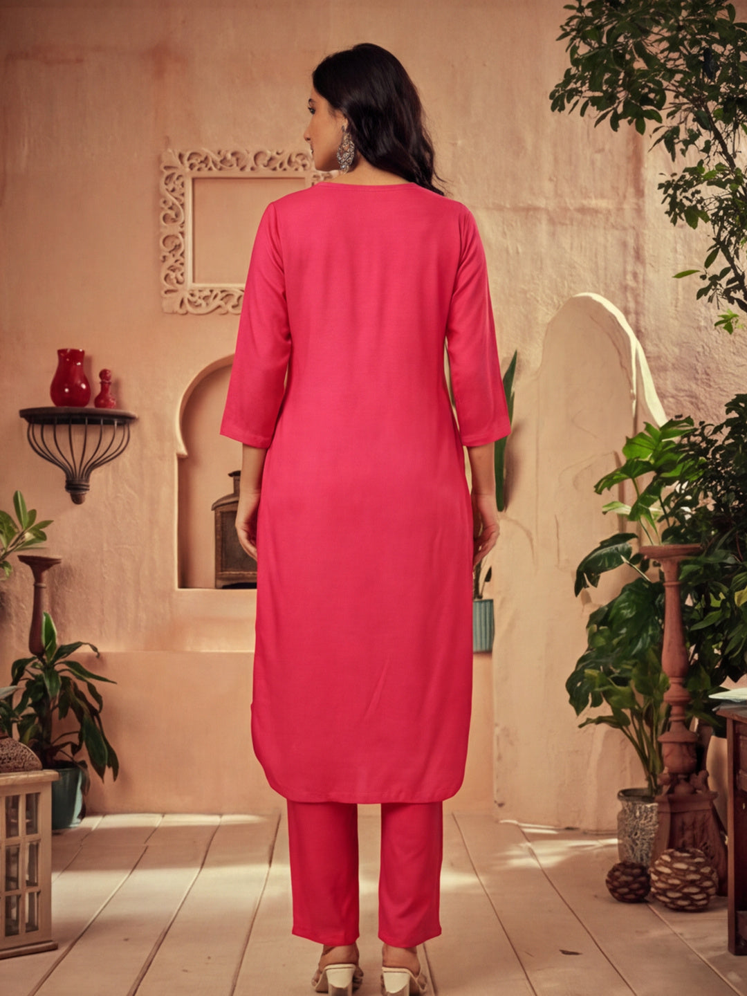 Fuchsia Pleated Straight Kurta With Pants